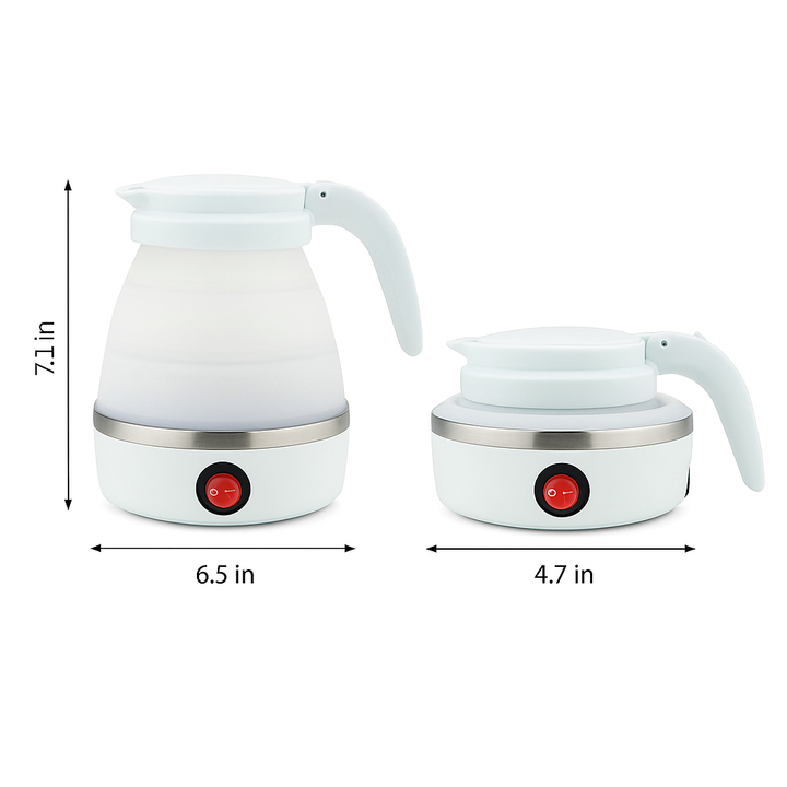 Ultra-compact, fast-boiling collapsible electric travel kettle for hot beverages on camping trips.