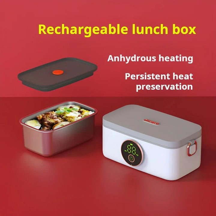 Rechargeable heated food container, perfect for work lunches & travel, keeping food warm.