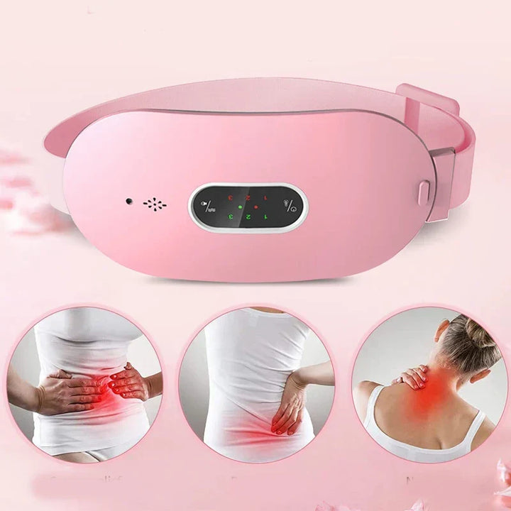 Women's pain relief heating pad & massage cushion for period cramps, back, and abdominal pain. Portable device.