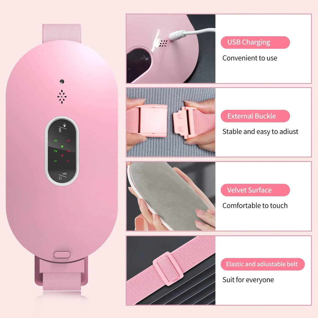 Dual-action portable heating pad & electric massager for women, easing period cramps & abdominal discomfort.