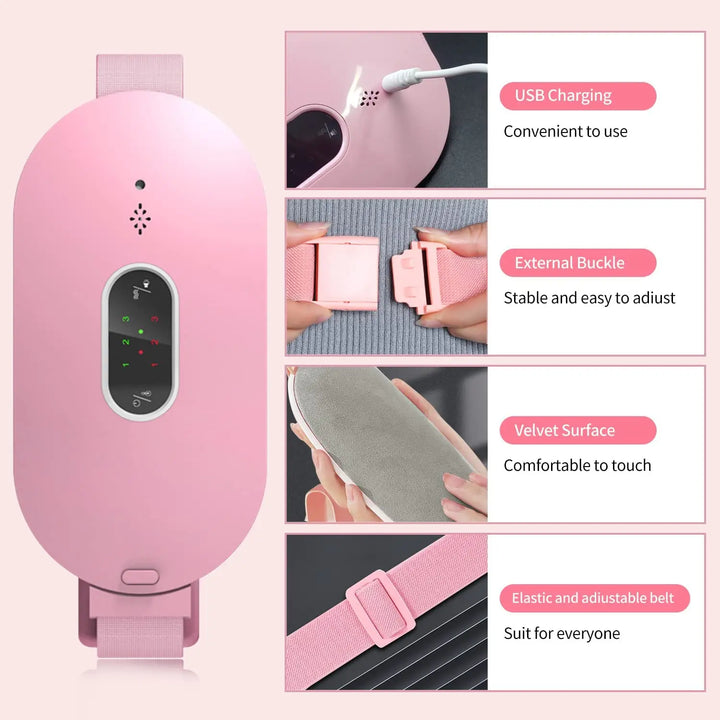 Dual-action portable heating pad & electric massager for women, easing period cramps & abdominal discomfort.