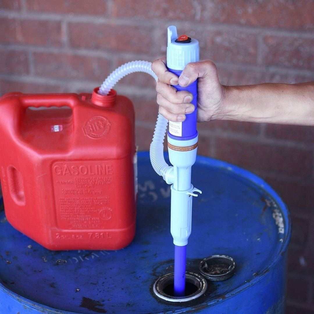 Portable electric liquid transfer pump for fuel, water & fluids. Spill-free gas siphon for home, garage, marine.