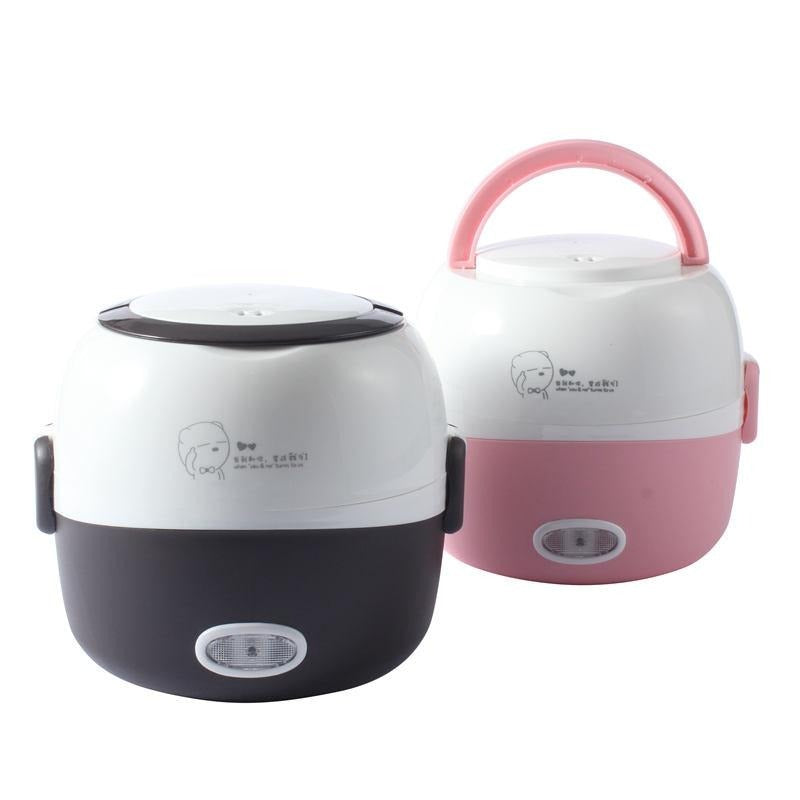 Portable electric lunch box for warm meals on-the-go, with removable stainless steel compartments.