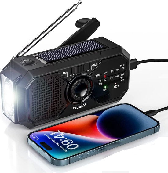 Portable emergency radio with hand crank & solar charging, essential for outdoor survival.