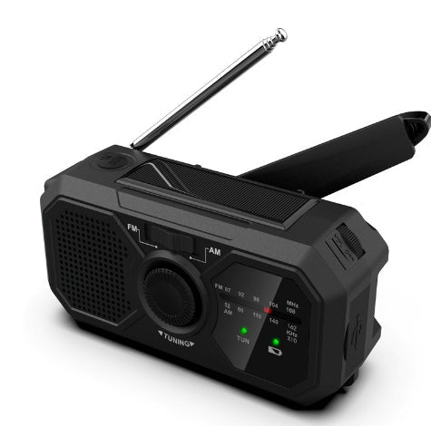 SurvivalWave emergency radio for camping, featuring built-in flashlight, solar, & USB power.