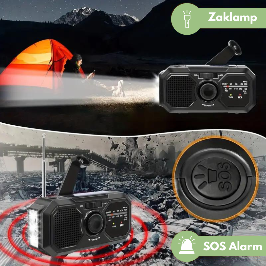 Unisex survival radio with hand crank, solar, weather alerts, & LED flashlight for emergencies.