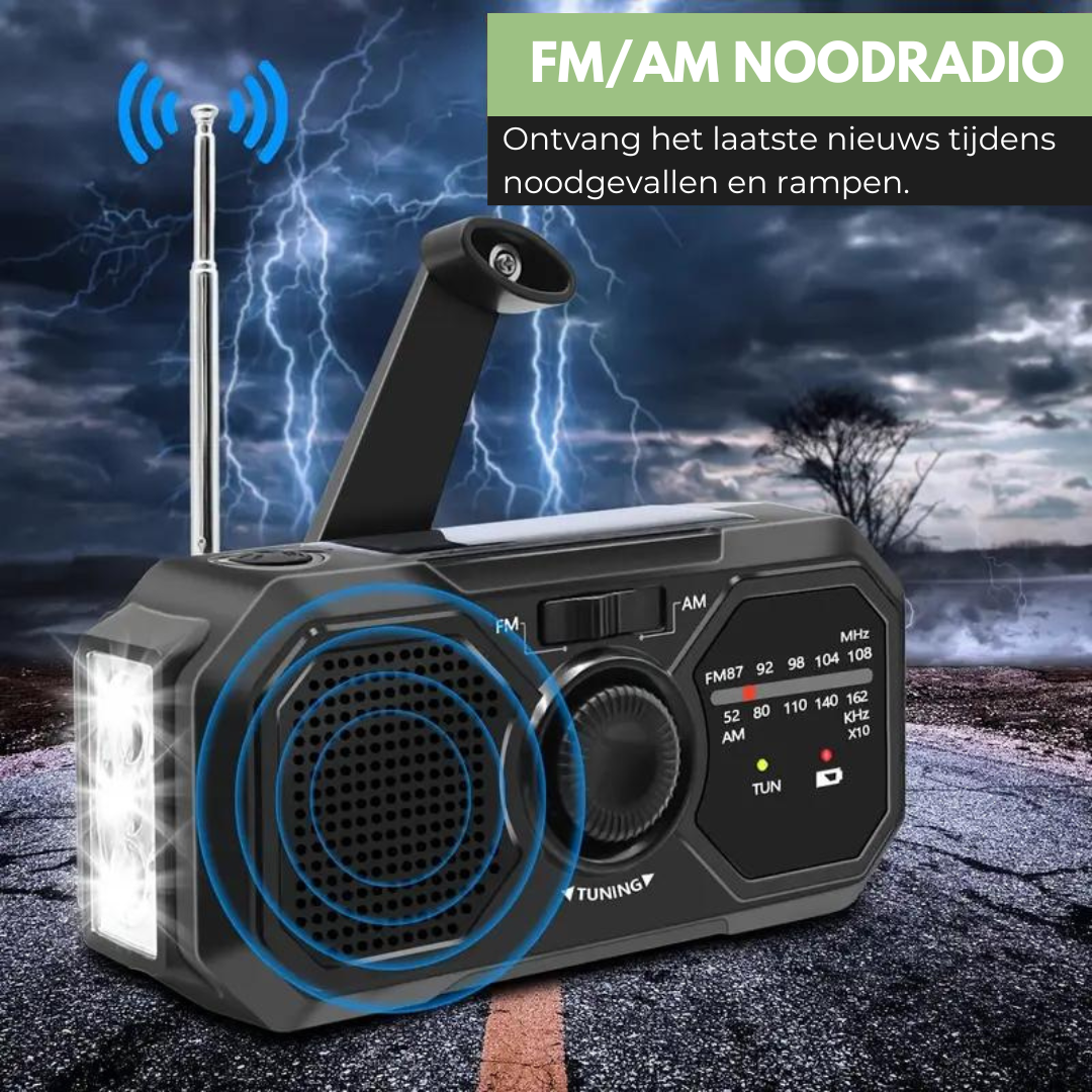Compact portable emergency radio, solar & hand crank powered, vital for any outdoor adventure.