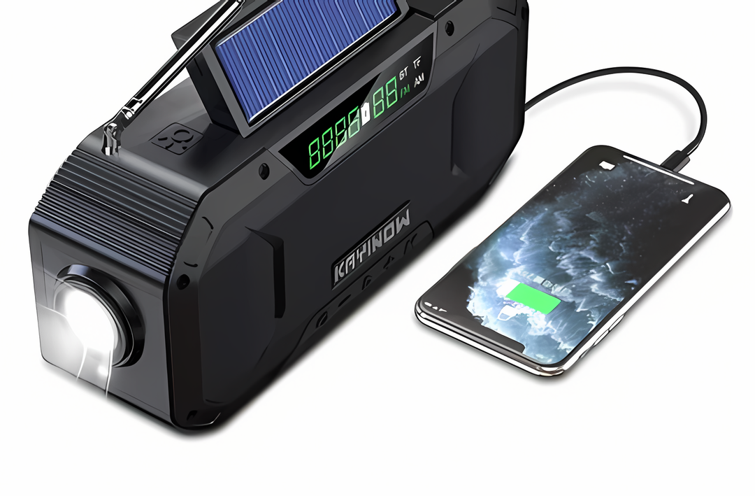 Portable emergency radio with hand crank, solar power, LED flashlight & power bank for outdoor survival gear.