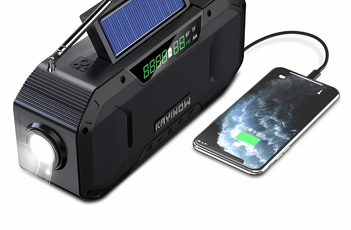 Portable emergency radio with hand crank, solar power, LED flashlight & power bank for outdoor survival gear.