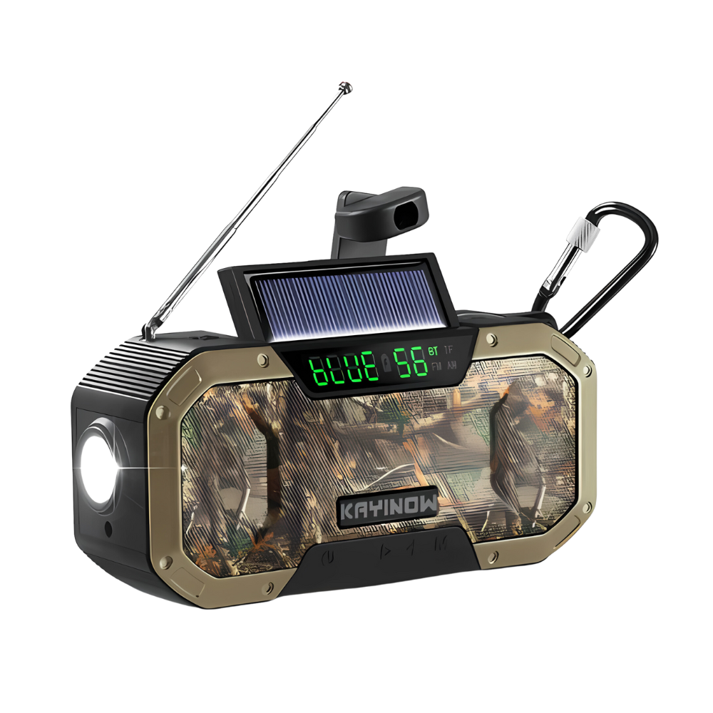 Multi-functional portable emergency radio with AM/FM, bright LED flashlight, SOS alarm & phone charger.