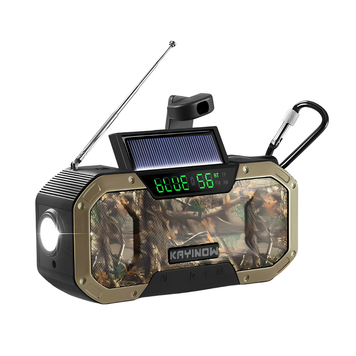 Multi-functional portable emergency radio with AM/FM, bright LED flashlight, SOS alarm & phone charger.