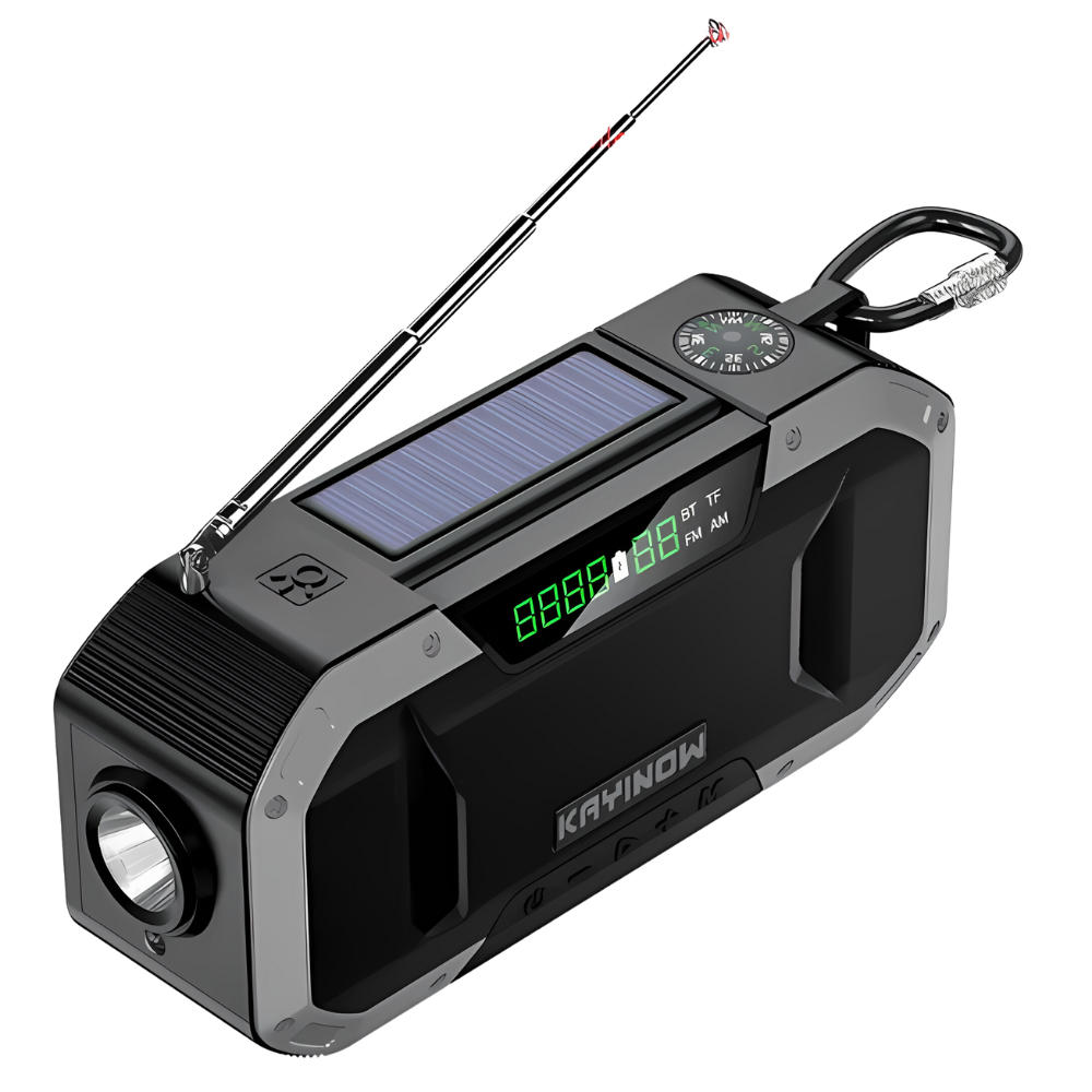 Compact survival radio for camping & preparedness. Hand crank, solar charging, power bank & flashlight built-in.