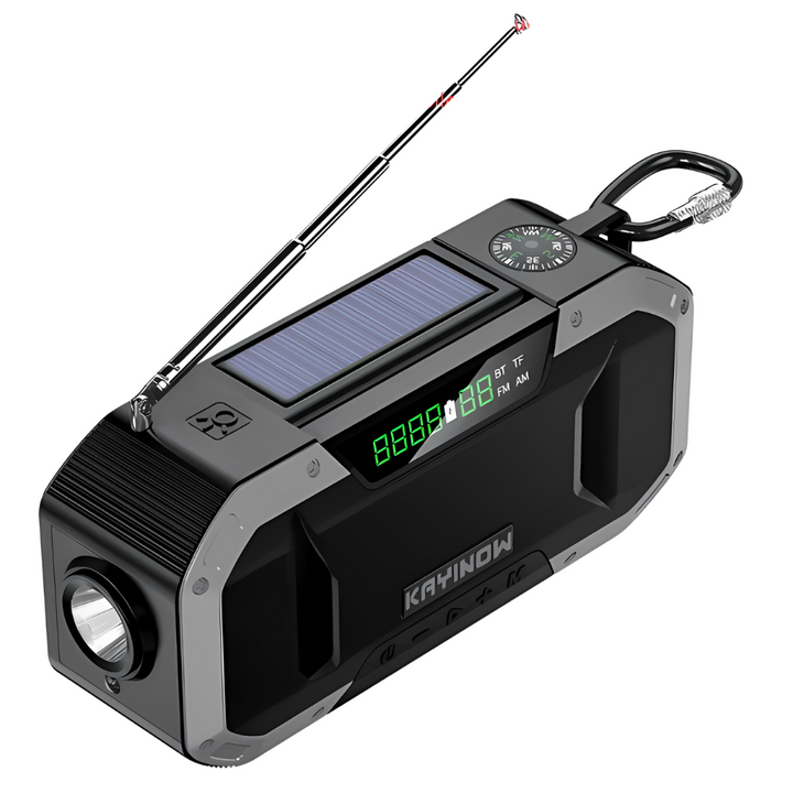 Compact survival radio for camping & preparedness. Hand crank, solar charging, power bank & flashlight built-in.