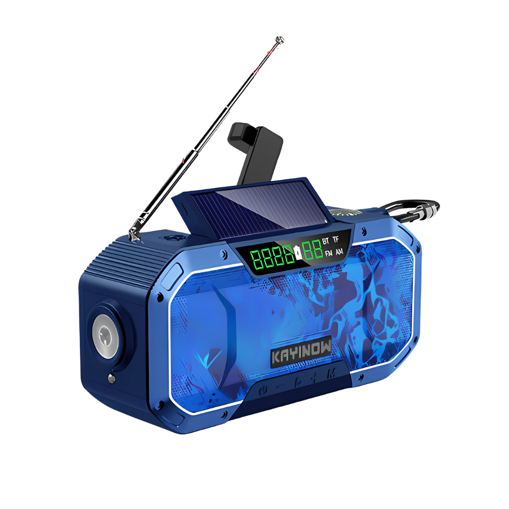 Rugged portable emergency radio with hand crank & solar charging for critical preparedness and outdoor adventures.