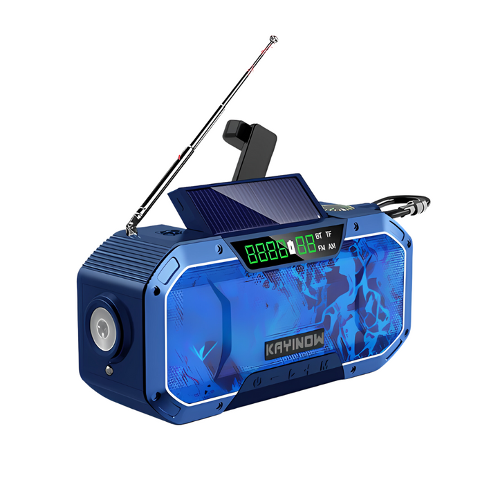 Rugged portable emergency radio with hand crank & solar charging for critical preparedness and outdoor adventures.