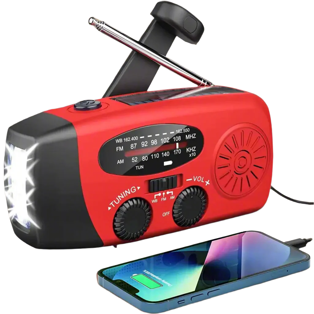 Portable emergency weather radio with hand crank, solar, power bank, and flashlight for survival gear.