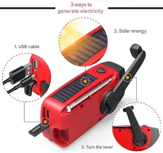 Compact RescueReady emergency weather radio, portable with hand crank, solar, and power bank for disasters.