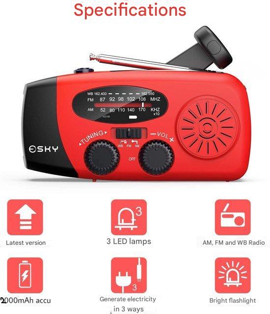 Survival gear: Portable emergency weather radio, hand crank, solar power, power bank, & LED flashlight.