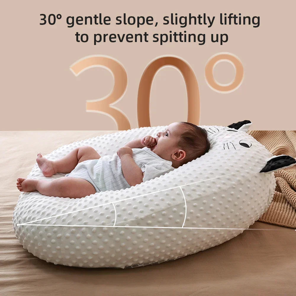 Comfortable newborn feeding pillow, ergonomic design for safe infant nursing support. Portable & washable for travel.
