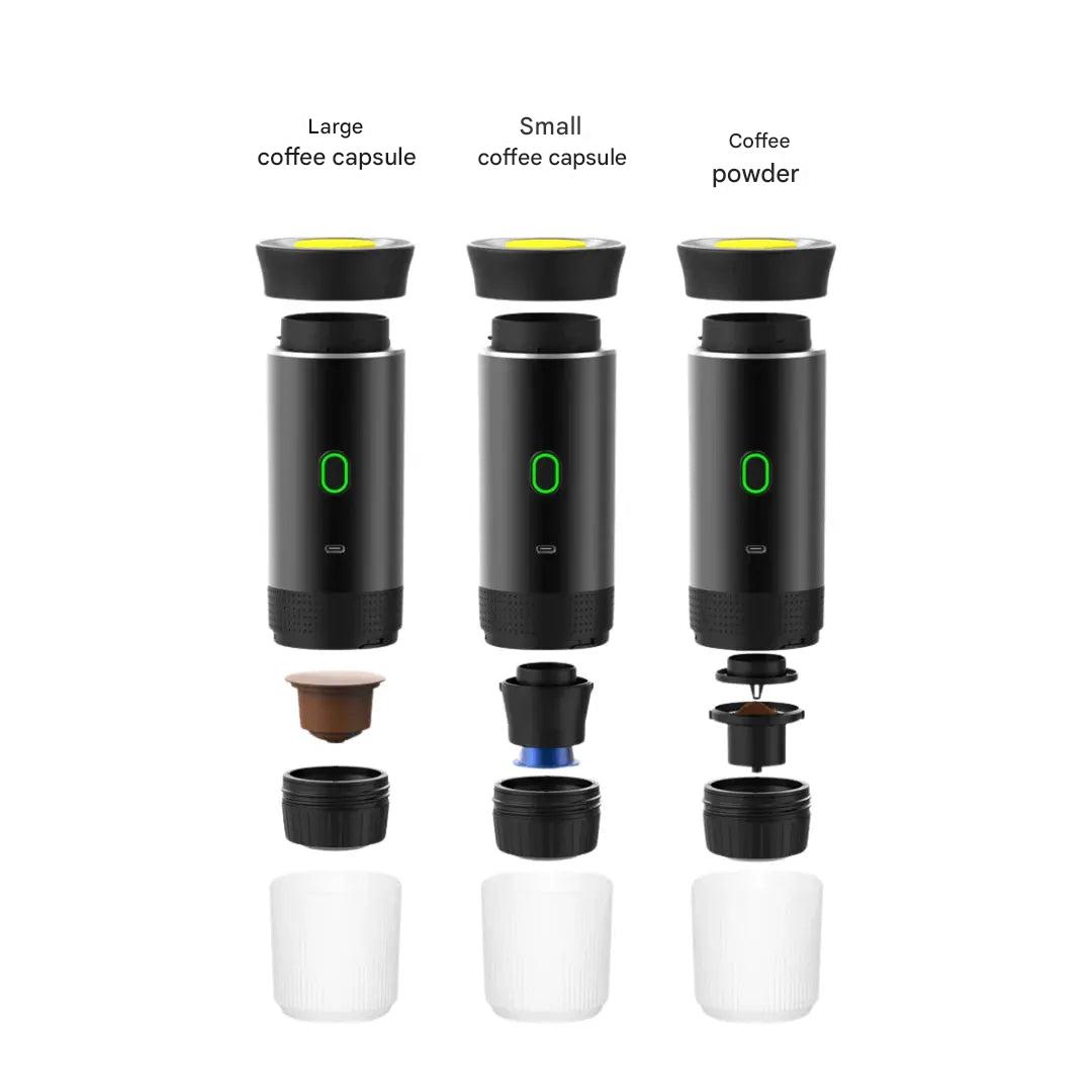 Versatile portable espresso machine. Enjoy fresh coffee from ground coffee, capsules, or coffee pads anywhere.