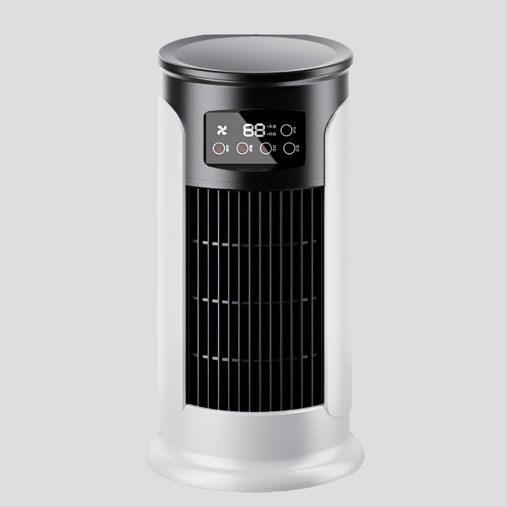 Portable evaporative cooler tower for room cooling. Windowless design for home or office comfort.