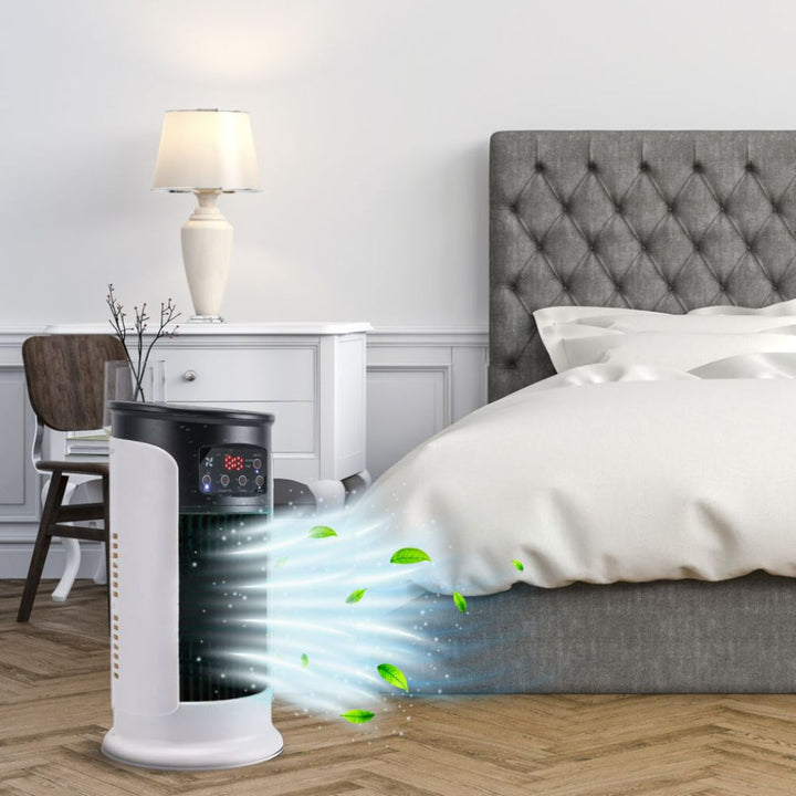 Sleek tower evaporative cooler, windowless, provides effective personal AC for any room. Mobile and efficient.