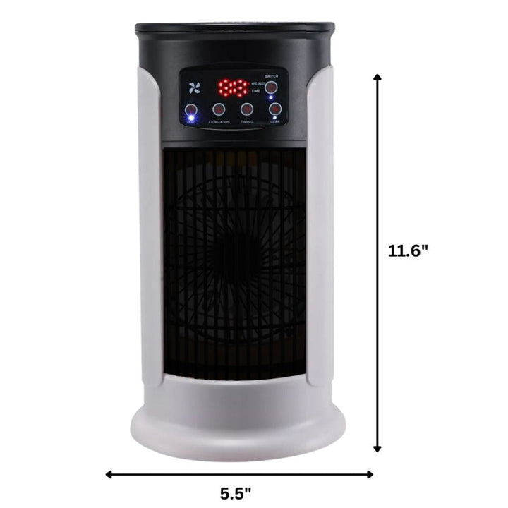 Compact portable evaporative cooler tower, ideal for bedroom or office. Offers cool relief without a window unit.