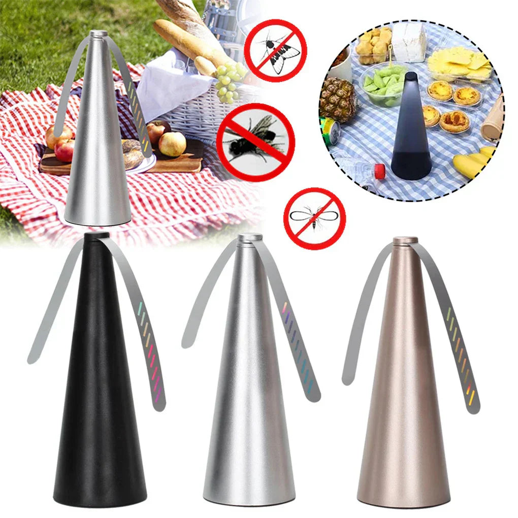 Unisex outdoor dining fly repeller fan, a quiet bug deterrent for picnic tables and food.