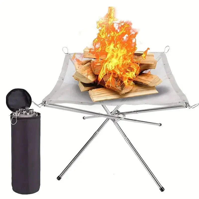 Portable folding campfire stand for outdoor camping and backyard bonfires. Durable stainless steel construction.
