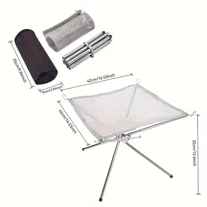 Compact outdoor campfire stand, foldable for easy transport. Perfect for grilling, camping & bonfires.
