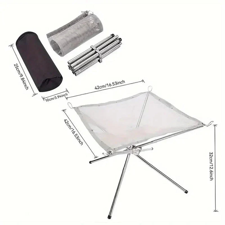 Compact outdoor campfire stand, foldable for easy transport. Perfect for grilling, camping & bonfires.