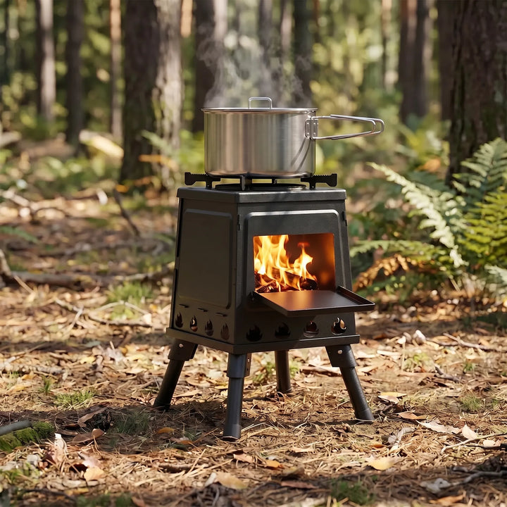 Portable folding camping stove for outdoor cooking, perfect for camping, hiking, and backpacking adventures.