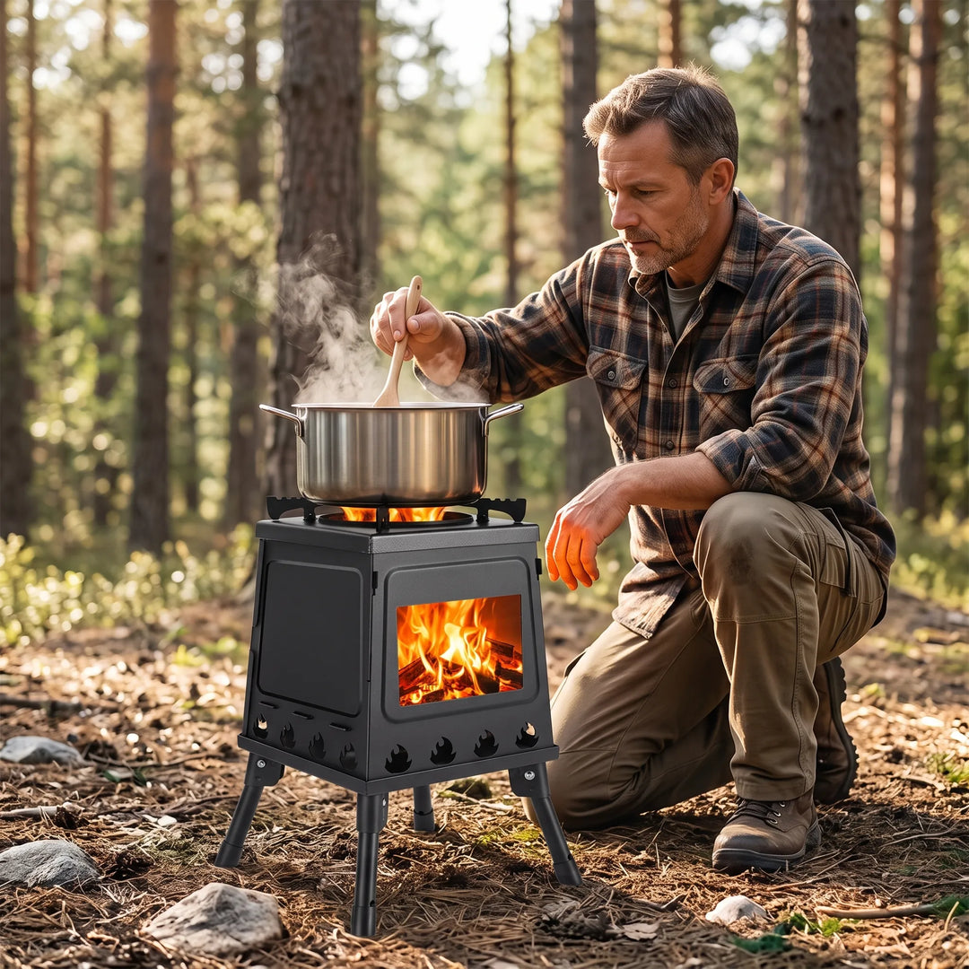 Compact folding wood and charcoal camping stove, essential gear for outdoor cooking and camping trips.