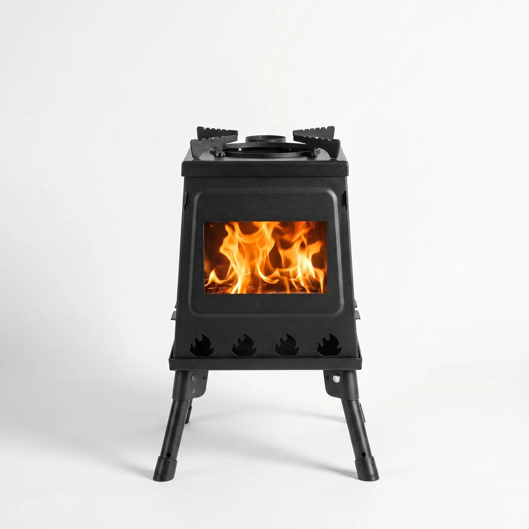 Durable portable folding camping stove, easy setup for hiking, camping, and outdoor recreation meals.