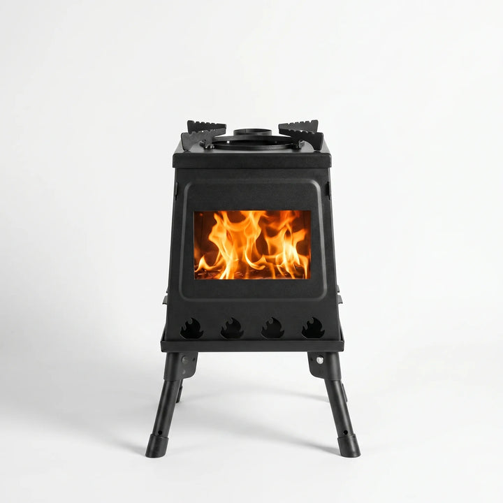 High-efficiency portable folding camping stove, great for outdoor cooking with wood or charcoal.