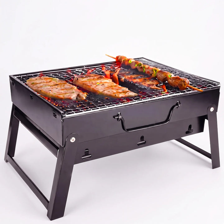 Durable steel portable folding charcoal grill for reliable outdoor BBQ cooking, camping, and garden parties.