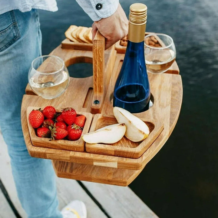 Outdoor folding wine & snack table, easy to set up & store for any event.