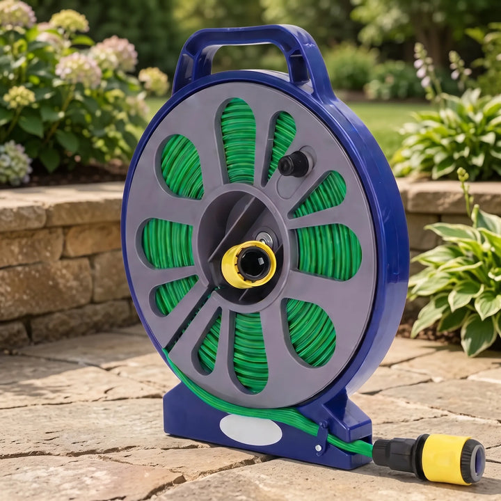 Portable garden hose reel with compact design for easy yard watering & irrigation. Quick connect ready.