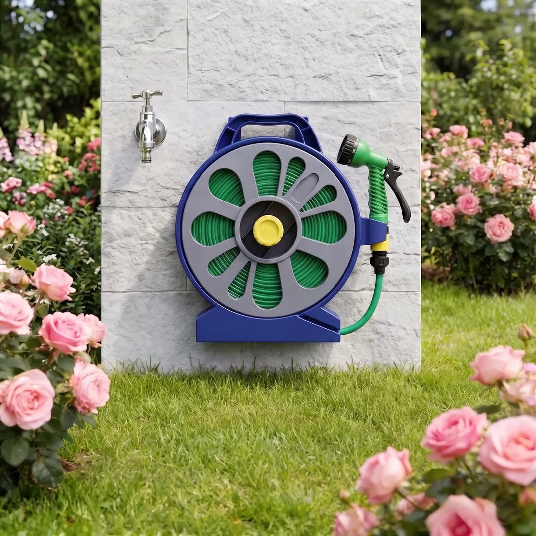 Ergonomic portable hose reel with integrated handle for easy transport & compact storage in your garden.