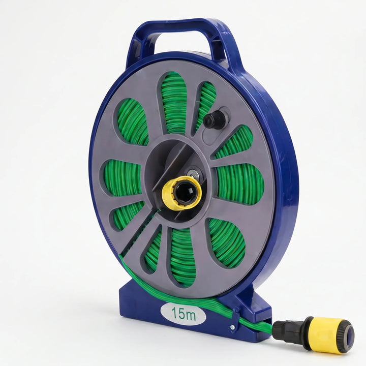 Garden hose reel connected & ready for watering. Ideal for irrigation, yard care & outdoor tasks.