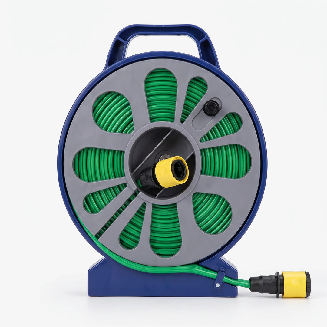 Durable portable hose reel for garden watering. Features quick connect system & sturdy frame for easy irrigation.