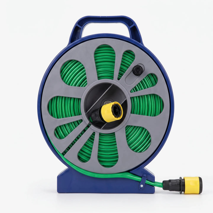 Durable portable hose reel for garden watering. Features quick connect system & sturdy frame for easy irrigation.