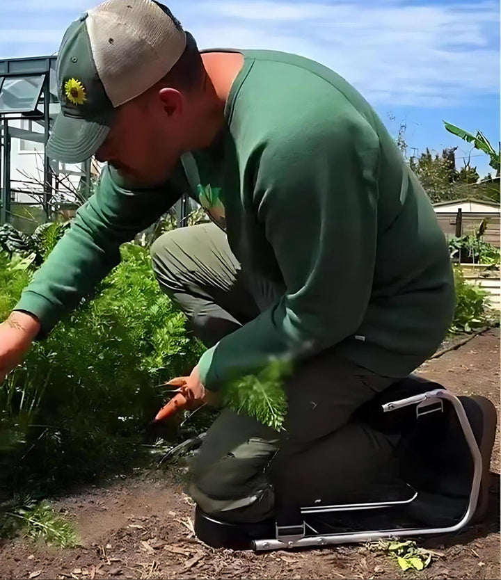 Foldable garden kneeler transforms into a sturdy stool for versatile outdoor gardening tasks.
