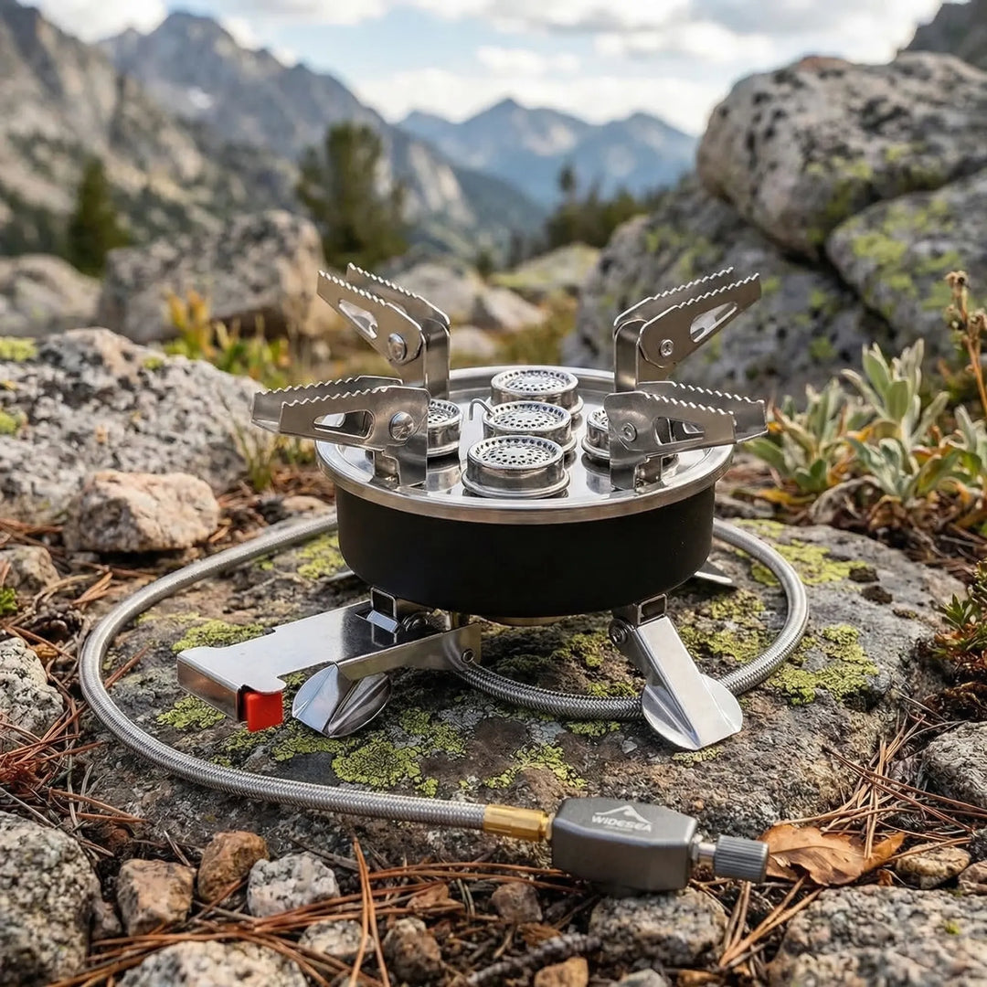 Portable gas camping stove for outdoor cooking, ideal for hiking, backpacking, and camp kitchen use.