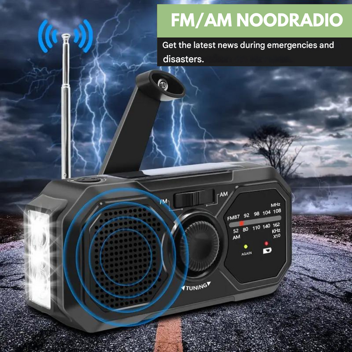 Solar-powered emergency weather radio with hand crank, built-in LED light & SOS alarm for outdoor use.