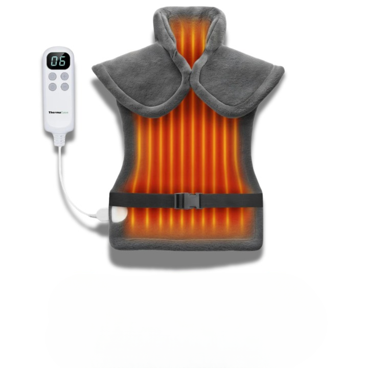 Portable heated back pain reliever pad for muscle relaxation. Unisex design offers comfort & therapeutic warmth.