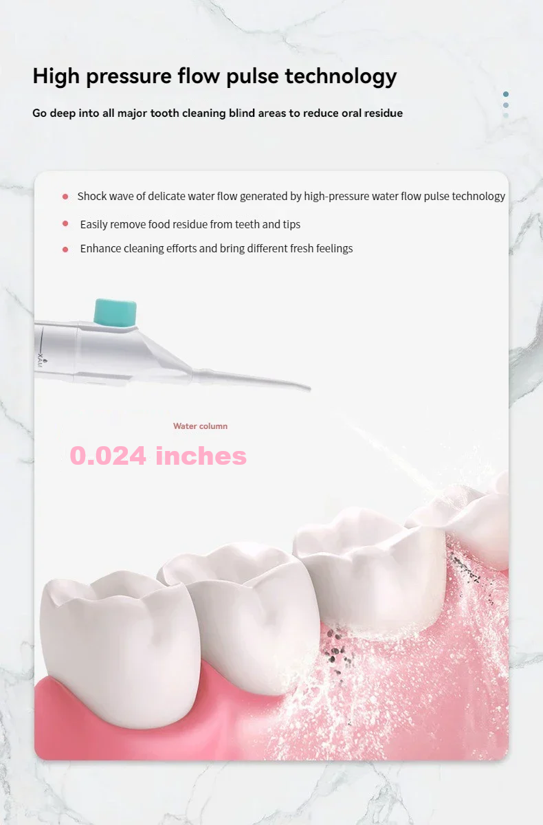 Travel-friendly high-pressure water flosser, ensuring excellent oral hygiene and gum health wherever you are.