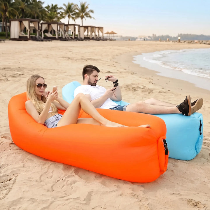 Portable inflatable air lounger, no-pump design, perfect for camping, beach, and park relaxation.