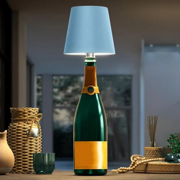 Portable LED bottle lamp with dimmable touch control for indoor/outdoor ambiance.