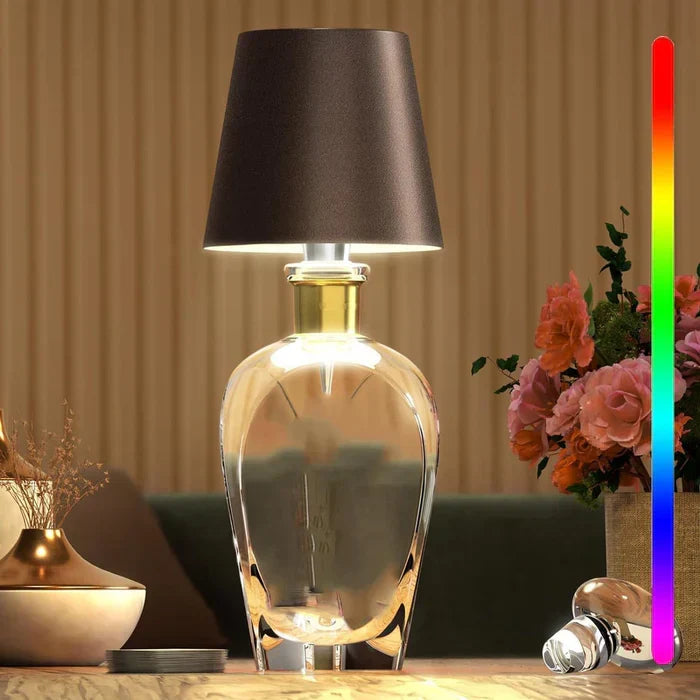Dimmable LED bottle lamp, wireless, rechargeable, for indoor/outdoor mood lighting.